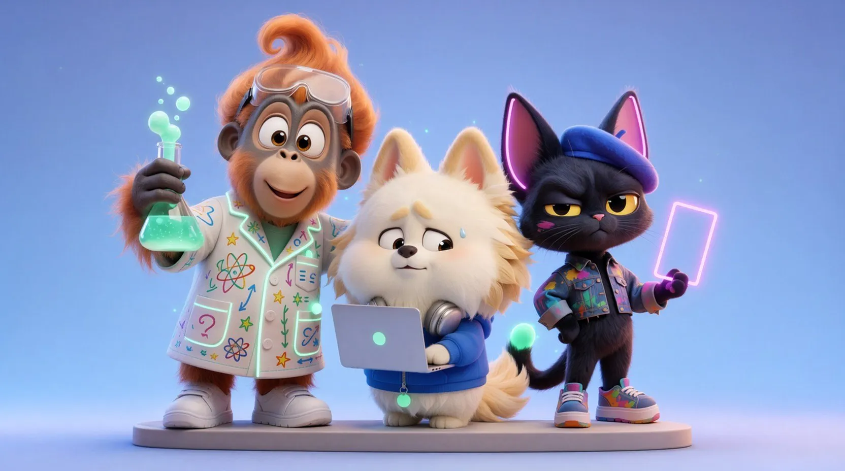 The teodolist crew on a pedestal: Tanya the orangutan holding a glowing flask, Bolu the fluffy dog with a laptop, and Senja the black cat in a beret holding a glowing tablet