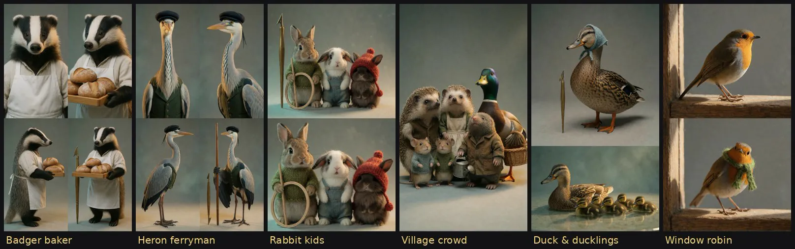 Six character sheets: a badger baker, a heron ferryman, rabbit children, a village crowd, a duck with ducklings and a robin