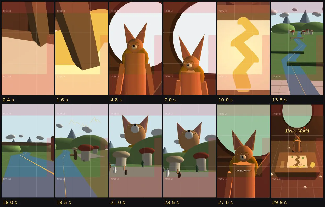 Twelve frames from a rough 3D animatic of the film made from boxes and capsules