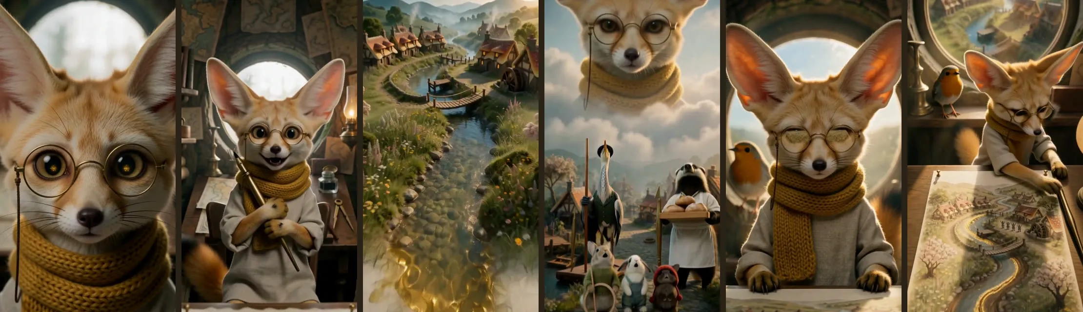 Six frames from the film Hello, World: a fennec fox with round glasses, a village, a river valley and a crowd of animals