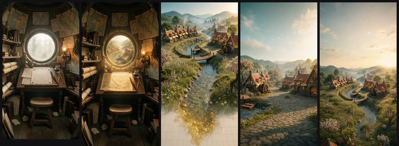 A cluttered round-windowed study, the same study in sunlight, then a paper map, a village square and the sky above the valley